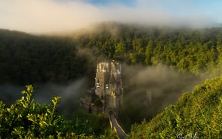 Картинка туман, Германия, лесистые холмы, Eltz Castle