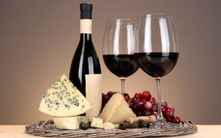 Картинка бутылка, оливки, бокал, виноград, сыр, вино, штопор