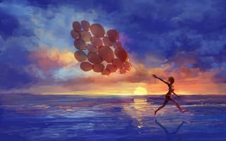 Обои море, закат, воздушные шары, эмоции, арт, девушка, бег