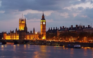 Картинка Англия, Big Ben, Лондон, вечер, город, Вестминстерский дворец, Биг-Бен, река, Великобритания, Темза