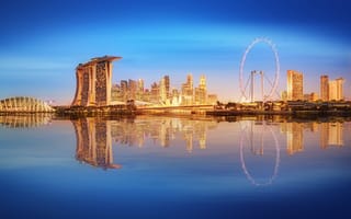 Картинка пейзаж, Сингапур, lights, blue, море, архитектура, night, небоскребы, огни, fountains, мегаполис