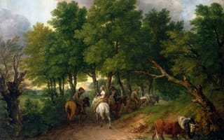 Картинка Thomas Gainsborough, лошади, Road from Market, деревья, картина, пейзаж, люди, корова, дорога