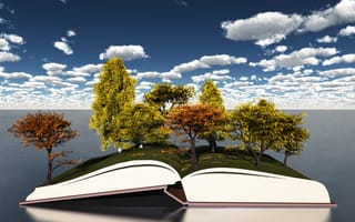 Картинка открытая книга, небо, деревья, листва, осень, облака