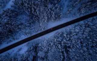 Картинка вид сверху, деревья, зима, снег, дорога, машина, лес