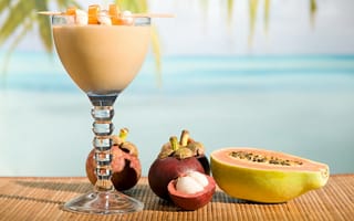 Картинка макро, папайя, напиток, циновка, мангостин, бокал, коктейль, фрукты
