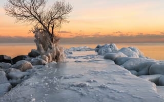 Картинка зима, море, лёд, берег, закат