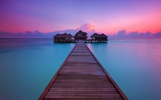 Картинка океан, пирс, Huvafen, Maldives, Fushi, курорт, закат, Per Aquum, бунгало