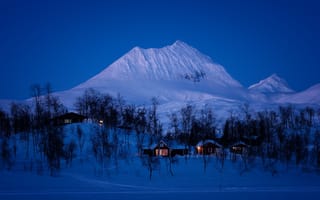 Картинка дома, горы, Норвегия, зима, снег, ночь