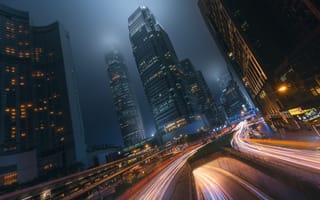 Картинка выдержка, ночь, Китай, свет, город, движение, Гон-Конг