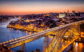 Картинка река, Португалия, мост, Порто, дома, огни, панорама