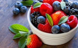 Картинка мята, завтрак, ягоды, черника, малина, десерт, ежевика, клубника, витамины
