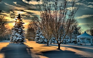 Картинка лес, снег, облака, зима, парк, деревья, солнце, беседка, небо
