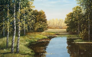 Обои живопись, Луценко, дыхание осени, художник, вода, картина, небо, берёзы, лес, берег, река