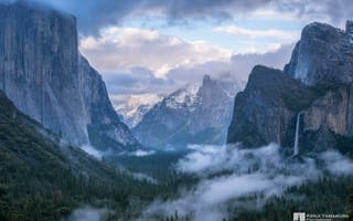Картинка Yosemite, горы, парк, тучи, пейзаж, водопад, природа