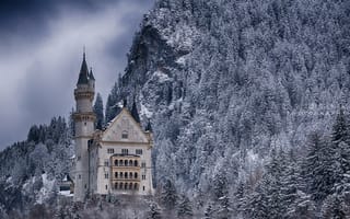 Картинка замок, горы, зима, лес, Германия, снег