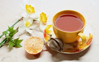Картинка цветы, блюдце, чашка, чай, напиток, стол, сеточка, апельсин