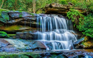 Картинка зелень, лес, деревья, мох, листва, водопад, HDR, камни