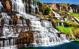 Картинка солнце, камни, скалы, Pongour waterfall, Вьетнам, водопад