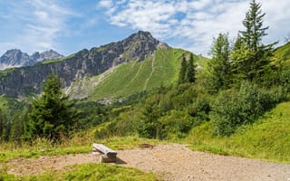 Картинка зелень, небо, камни, горы, скалы, деревья, тропа, солнце