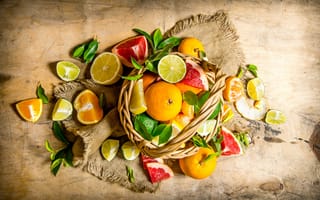 Картинка листья, лимон, апельсин, грейпфрут, цитрус, фрукты, лайм, корзина