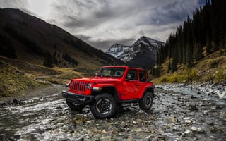 Обои пейзаж, горы, река, Wrangler Rubicon, 2018, Jeep, красный