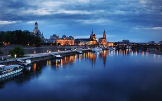Картинка Дрезден, дома, Германия, небо, Эльба, деревья, облака, река, огни, вечер