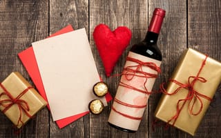 Картинка любовь, бутылка, hearts, подарок, romantic, сердечки, love, gift, red, сердце, wood, wine, вино, Valentine's Day