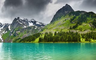 Картинка вершины, снег, лес, природа, горное озеро