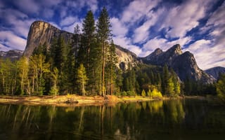 Картинка Yosemite National Park, деревья, Йосемити, утро, California, горы, Калифорния, река, природа