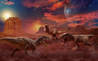Картинка tyrannosaurus, горы, rex, облака, небо, динозавры, скалы, космос
