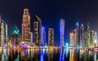 Картинка ночь, город, река, небоскребы, Дубай, ночные огни