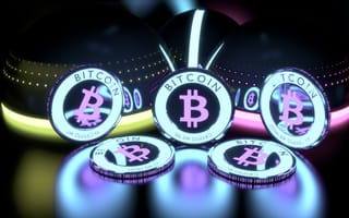 Картинка Bitcoin, Coin, неон, монеты, crypto, светлый, money, криптовалюта, розовый, серый, Crypto-currency, фиолетовый, точки, желтый, neon, отражение, свет, neon colors, pink, биткоин, черный, crypto-money, purple, голубой