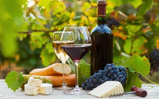 Картинка бокалы, вино, штопор, сыр, бутылка, багет, белое, виноград, хлеб, красное