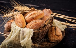 Картинка пшеница, корзина, хлеб, боке, колоски, марля, выпечка