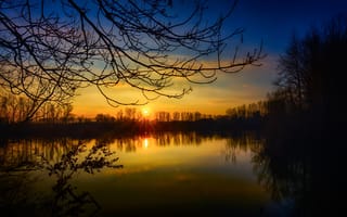 Обои закат, озеро, деревья, Германия