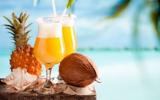 Картинка коктейль, ракушка, кокос, ананас
