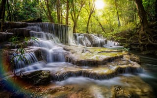 Картинка лес, Природа, Солнце, водопад, пейзаж, Таиланд
