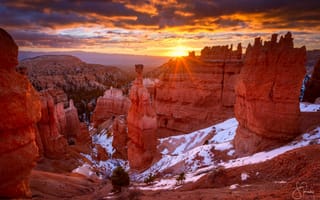 Картинка США, каньон, снег, скалы, солнце, свет