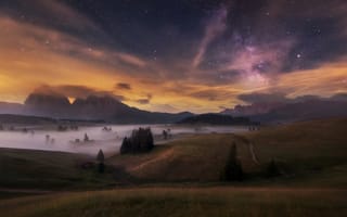 Картинка лето, небо, пейзаж, природа, звезды, ночь, деревья, горы