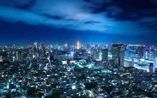 Картинка город, Япония, Токио, небо, ночь, огни