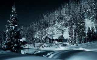 Картинка лес, снег, деревня, сугробы, зима, Кузнецкий Алатау, домики, деревья, Сибирь, Россия
