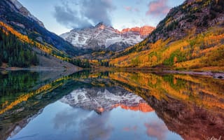 Картинка отражения, осень, деревья, озеро, горы