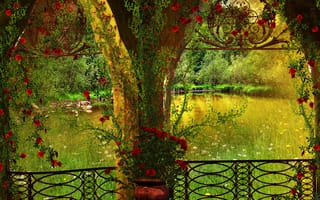 Картинка деревья, цветы, беседка, арка, пруд, парк