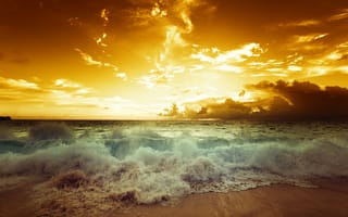 Картинка seascape, sea, sunset, волны, закат, пляж, beach, море