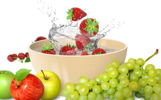 Картинка apples, strawberry, splash, grape, fruits, fresh, water, клубника, брызги, яблоки, фрукты, drops, вода