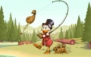Картинка лес, рыбалка, Scrooge McDuck, Duck Tales, золото, удочка, монеты, Disney