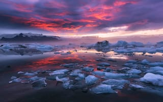 Картинка облака, Исландия, лёд, утро, ледниковая лагуна, природа, краски, небо, фьорд, вечер