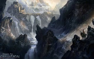 Картинка dragon age inquisition, водопад, город, путник, замок, река, горы, всадник, мост