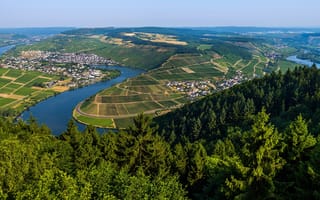 Картинка река, зелень, сонце, поля, небо, вид сверху, Moselle, дома, панорама, Германия, деревья