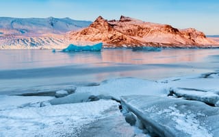 Картинка лед, зима, река, небо, Исландия, горы, снег, солнце